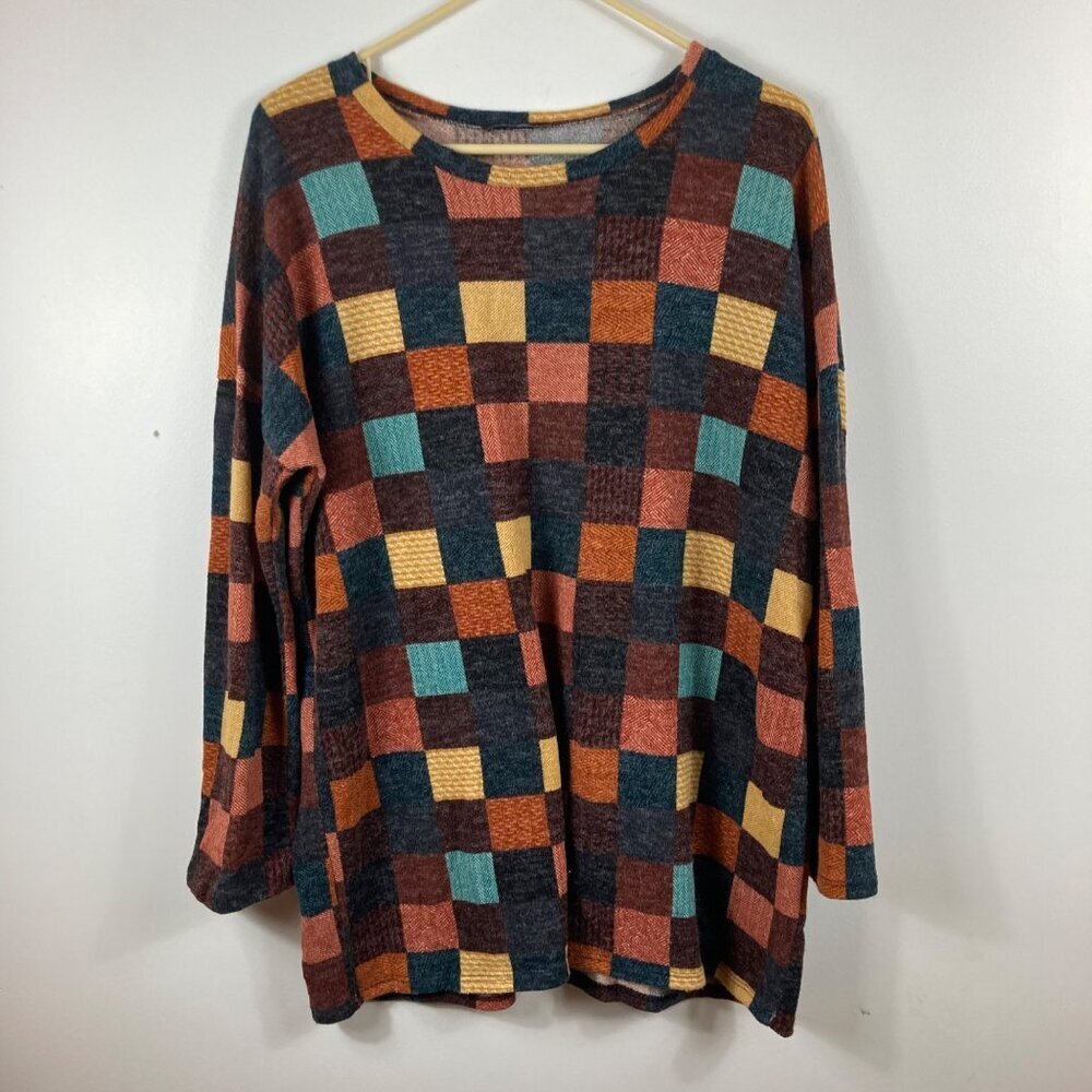Womens Bombom LS Pullover Sweater Multicolored Squares XL‎